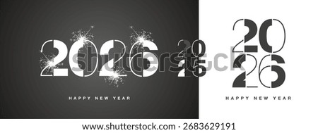 2026 Happy New Year modern black light thin stencil typography logo sparkle firework. New Year 2026 and end of 2025 white black logo design concept vector on black white background