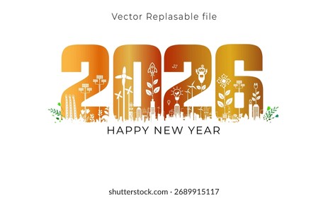 2026 Happy new year Number with Green eco energy, futuristic, ecology and sustainable technology development background concept. Vectort illustration