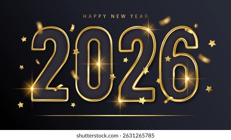 2026 Happy New Year Realistic 3d Number Golden Text Banner Background Star Confetti Greeting Invitation Luxury Vector Card