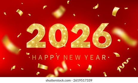 2026 Happy New Year red greeting card. Glitter light numbers and golden festive confetti. Merry Christmas celebration border with star, tinsel. Congratulation gold party banner. Vector illustration.