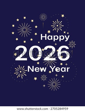 2026 happy new year square banner. White number with golden fireworks on the dark blue background. Ney Year greeting template for social media and typography. Holidays concept.