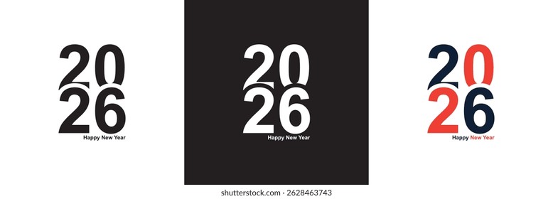  2026 Feliz Ano Novo design de texto. Modelo de projeto de número 2026. Ilustração vetorial. isolada no plano de fundo branco e preto. EPS 10