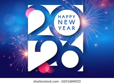 2026 Happy New Year text with bokeh and light effect. Holiday celebration banner