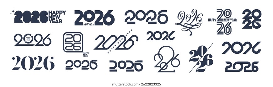 2026 Feliz Ano Novo Conjunto de Tipografia - Números de vetor modernos, Elementos de design de logotipo, Coleção de texto festivo negrito