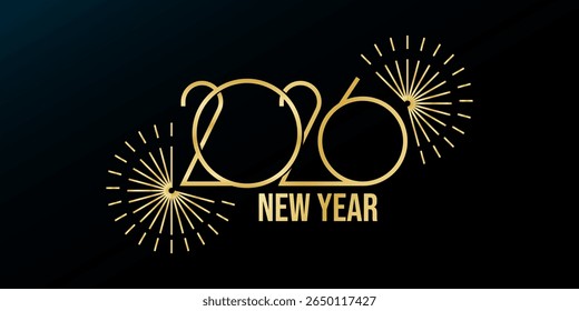 2026 Happy New Year Typography Design. Let's Celebrate. Text design with handwritten golden number for greeting cards or posters and glittering star confetti on colorful background
