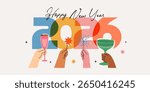 2026. Happy New Year Vector illustration with hands holding champagne, cocktail and sparklers. Perfect for greetings, background, poster,  congratulatory card, banner, or holiday designs. Holiday.