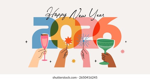2026. Happy New Year Vector illustration with hands holding champagne, cocktail and sparklers. Perfect for greetings, background, poster,  congratulatory card, banner, or holiday designs. Holiday.