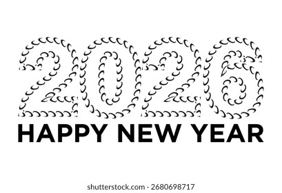 2026 Feliz Ano Novo Vetor: Números pretos modernos com padrão de crescente abstrato para cartões de saudação e banners