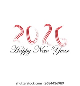2026 Feliz Ano Novo Vetor Greeting Card Design. Pincéis vermelhos artísticos Traço Grunge Numerais e Elegante Script Tipografia Banner