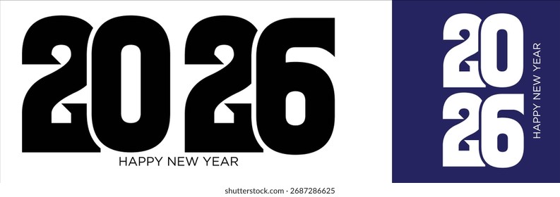 2026 Feliz Ano Novo Modelo de Design Vetor. Tipografia Moderna em Negrito Minimalista com Fundo Azul Escuro. Capa de Calendário, Cartão de Saudação de Feriado, Faixa ou Conceito de Brochura.