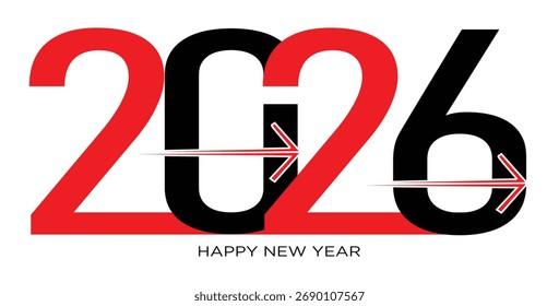 2026 Feliz Ano Novo Vetor Design com Setas para a Frente Dinâmicas | Ícone de calendário numérico em negrito minimalista para metas de progresso e futuras