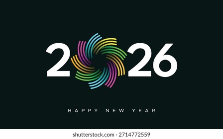 2026 Tipografía de Vector feliz del año Nuevo con la espiral colorida o líneas de la tecnología entre dígitos o números, diseño vibrante del festival y tipografía moderna con diseño colorido de la flor en fondo negro