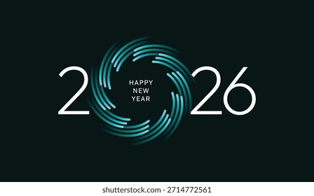 2026 Tipografía de Vector feliz del año Nuevo con la espiral colorida o líneas de la tecnología entre dígitos o números, diseño vibrante del festival y tipografía moderna con diseño colorido de la flor en fondo negro