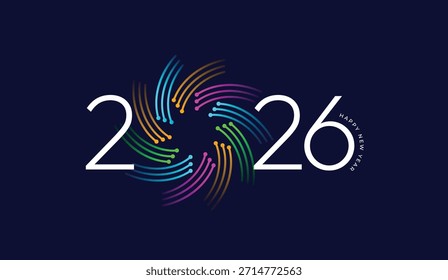2026 Tipografía de Vector feliz del año Nuevo con la espiral colorida o líneas de la tecnología entre dígitos o números, diseño vibrante del festival y tipografía moderna con diseño colorido de la flor en fondo negro