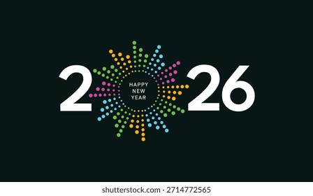 2026 Tipografía de Vector feliz del año Nuevo con la espiral colorida o líneas de la tecnología entre dígitos o números, diseño vibrante del festival y tipografía moderna con diseño colorido de la flor en fondo negro