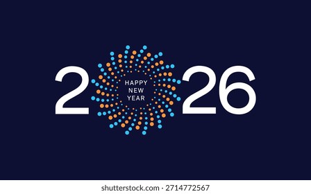 2026 Tipografía de Vector feliz del año Nuevo con la espiral colorida o líneas de la tecnología entre dígitos o números, diseño vibrante del festival y tipografía moderna con diseño colorido de la flor en fondo negro