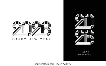 2026 Happy New Year vector logo or typography with layered black line typography on white background, 2026 new year line art logo design