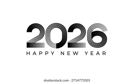 2026 Happy New Year vector logo or typography with layered black line typography on white background, 2026 new year line art logo design