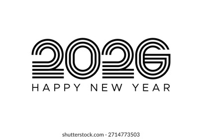 2026 Happy New Year vector logo or typography with layered black line typography on white background, 2026 new year line art logo design