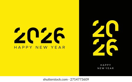 Tipografía de Vector feliz del año Nuevo 2026 con dígitos digitales deconstruidos abstractos en negro y amarillo, diseño dividido moderno y diseño de póster audaz