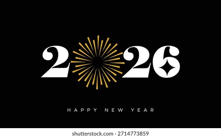 Vector feliz del año Nuevo 2026 con obras de fuego amarillas o doradas radiantes o efecto de celebración de la explosión de la estrella Tipografía blanca audaz y elegante 2026 en el fondo negro del festival