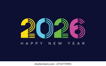 2026 Feliz Año Nuevo Ilustración vectorial con audaces dígitos estilizados de colores en amarillo, cian, verde y magenta sobre fondo oscuro para saludos festivos, carteles de celebración y diseño digital moderno