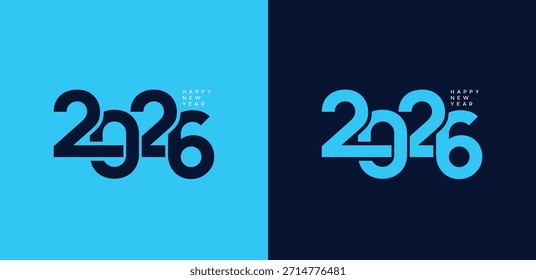 2026 Feliz Ano Novo vetor logotipo ou tipografia com dígitos interligados ou números, 2026 cartaz numérico ou design de cartão com fundo azul	
