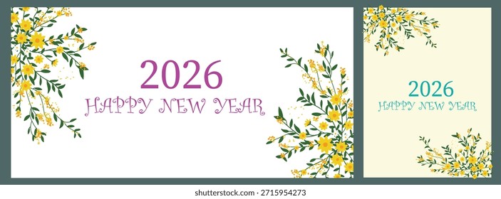 Tarjeta de Vector y Anuncio de feliz año Nuevo 2026 con ilustración floral brillante, color suave y tipografía moderna. Diseño elegante de moda perfecto para saludos, invitaciones, marcas, medios impresos y digitales.