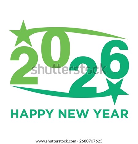 2026 Happy New Year Vector Illustration: Modern Green Numbers with Dynamic Stars and Swoosh for an Optimistic New Beginning