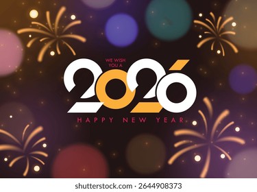 2026 Happy new year wishes clipart background design. Happy new year greeting text clip art in elegant colorful bokeh and fireworks background for 2026 calendar and flyers template vector illustration