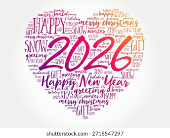 2026 en una nube de palabras en forma de corazón rodeada de texto feliz, nieve, saludo, Navidad, regalo y Navidades alegres, formando un diseño cálido de año Nuevo estacional con frases decorativas de vacaciones