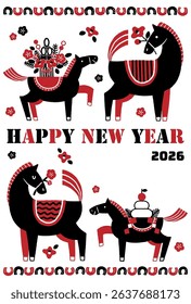 2026 hores year New Year's card illustration (A colorful New Year's celebration with a mother and her baby horse)