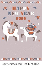 2026 hores year New Year's card illustration (A colorful New Year's celebration with a mother and her baby horse)