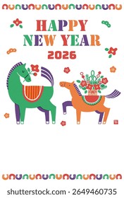 2026 hores year New Year's card illustration (A colorful New Year's celebration with a mother and her baby horse)