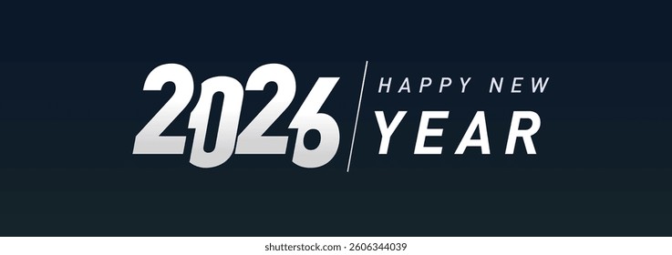 2026 horizontal banner. 2026 Happy New Year silver logo text design. Vector icon for greeting card or sports calendar cover design