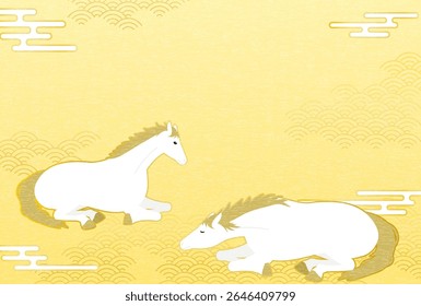2026 horse New Year's greeting card with horse on Japanese Pattern background, Vector Illustration