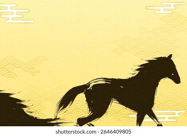 2026 horse New Year's greeting card with two horses on Japanese Pattern background, Vector Illustration