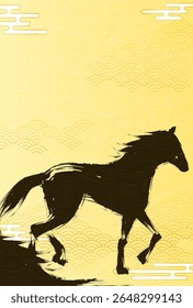 2026 horse New Year's greeting card with two horses on Japanese Pattern background, Vector Illustration