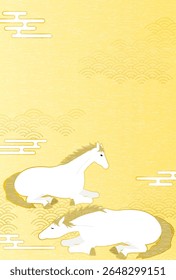 2026 horse New Year's greeting card with horse on Japanese Pattern background, Vector Illustration