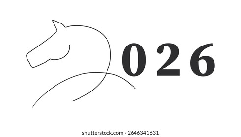 2026 with horse silhouette line art, sketch hand drawn. Gold design icon. Celebration concept. New year decoration minimal design element. 