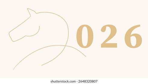 2026 with horse silhouette line art, sketch hand drawn. Gold design icon. Celebration concept. New year decoration minimal design element. 