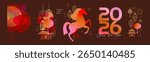 2026 Horse Year Set. Abstract modern vector illustrations of Chinese New Year designs for 2026, Year of the Horse. Lanterns, horse, house and traditional elements for icons and print