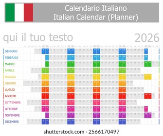 2026 Italian Planner Calendar with Horizontal Months on white background