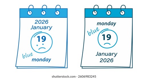 2026 January 19 Calendar page Blue Monday Holiday date Greeting Design concept Monochrome blue Set 2