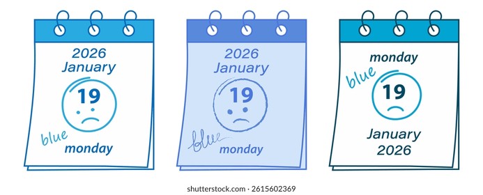 2026 January 19 Spring bound Calendar pages with Hand drawn text and sad smile Greeting Design Set