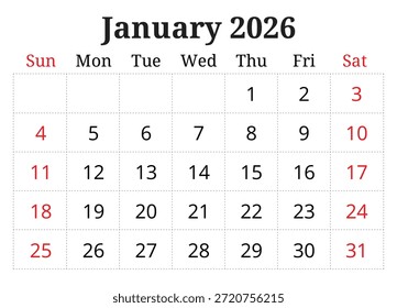 Calendario de enero de 2026. Vector de página mensual. Inicio del domingo de diseño