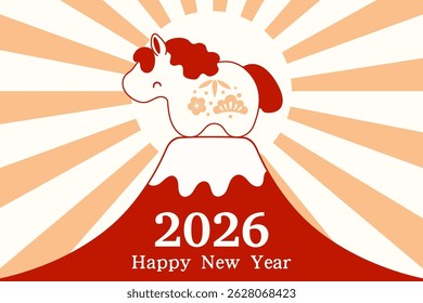 2026 Japanese New Year cute red and white horse on mt Fuji, rays of rising sun, typography. Hand drawn line art vector illustration. Zodiac sign, animal character. Holiday elements, card, banner