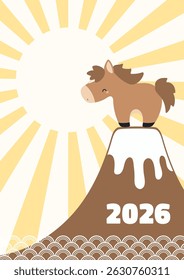 2026 Japanese New Year kawaii horse on mt Fuji, rays of rising sun, typography. Hand drawn flat vector illustration. Chinese zodiac sign, animal character. Holiday elements, card, banner, poster