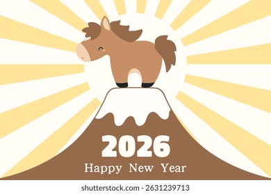 2026 Japanese New Year kawaii horse on mt Fuji, rays of rising sun, typography. Hand drawn flat vector illustration. Chinese zodiac sign, animal character. Holiday elements, card, banner, poster