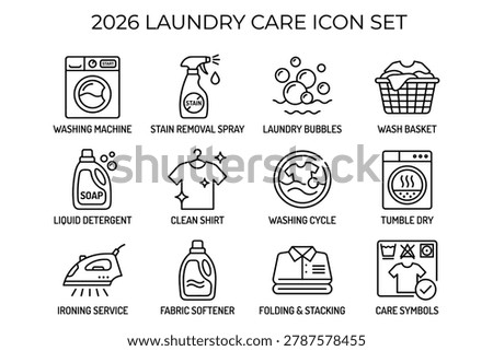  2026 Laundry Care Icon Set with Washing Machine, Detergent, Iron and Fabric Cleaning Outline Symbols